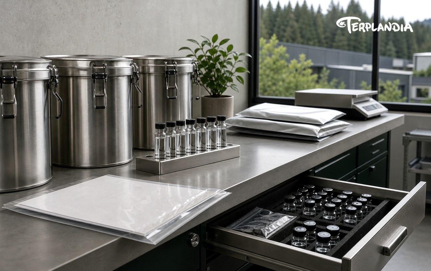 Commercial CDT meaning for manufacturers shown through a clean facility shelf with retained terpene sample vials.