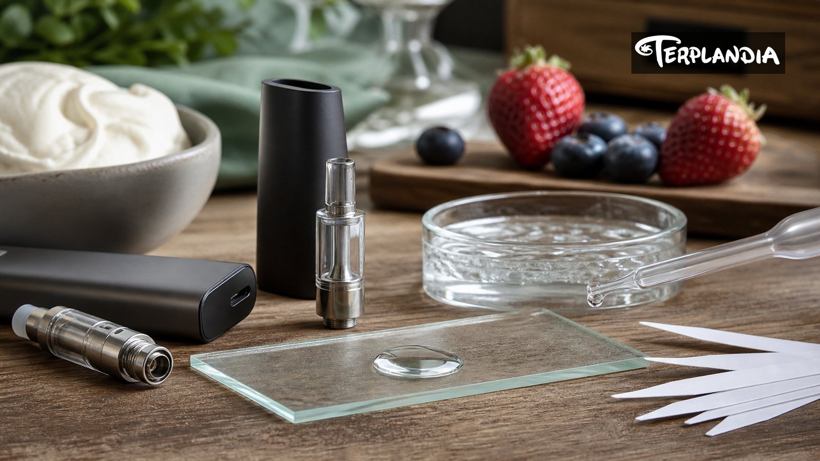 Cereal Milk terpene format-fit R&D bench with water-clear droplet, unbranded vape hardware, scent strips, and creamy berry references.