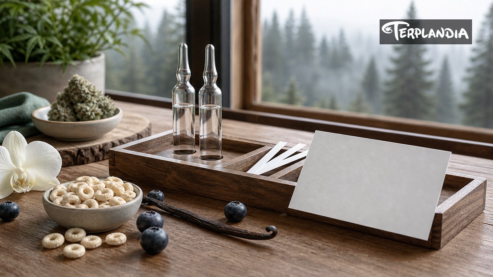 Cereal Milk retained sample handoff with water-clear ampoules in a redwood tray, scent strips, berries, cereal cues, and blank approval card.