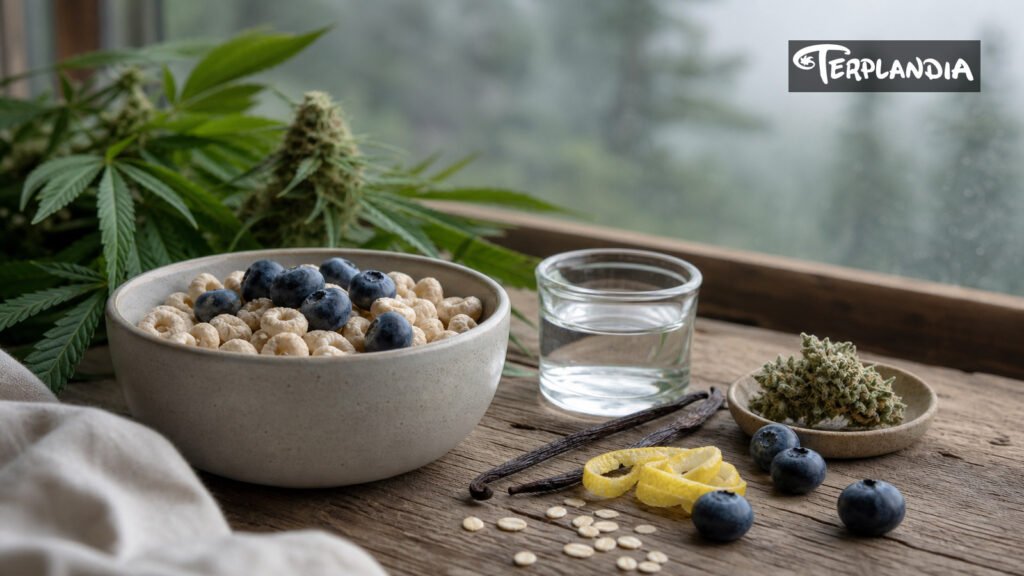 Cereal Milk strain terpenes sensory context with cereal, blueberries, vanilla, citrus peel, cannabis botanicals, and a water-clear sample.