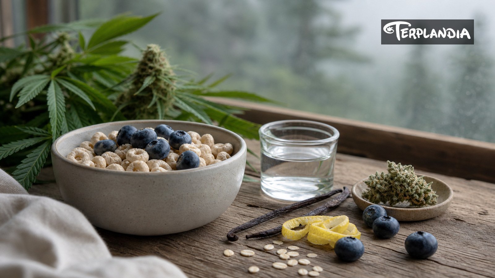 Cereal Milk strain terpenes sensory context with cereal, blueberries, vanilla, citrus peel, cannabis botanicals, and a water-clear sample.