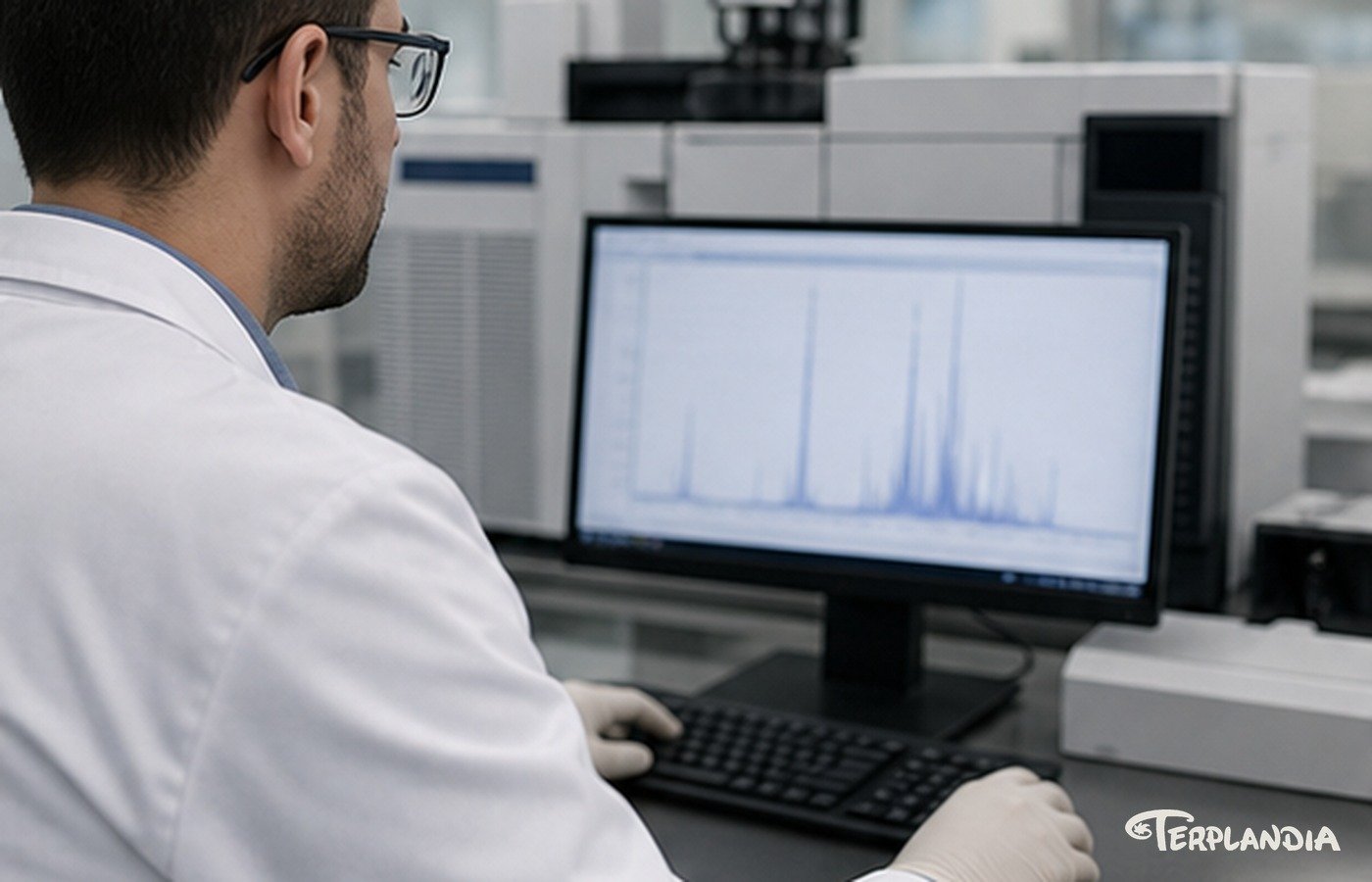 Analyst reviewing a blurred terpene chromatogram during GC-MS testing