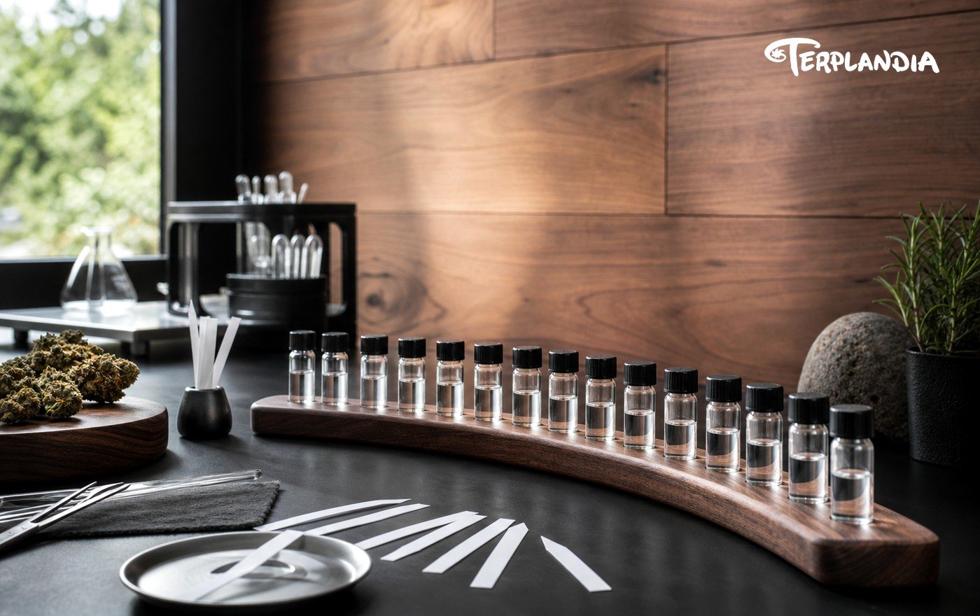 Proprietary custom terpene formulation lab environment with scent evaluation strips and clear terpene sample fractions.