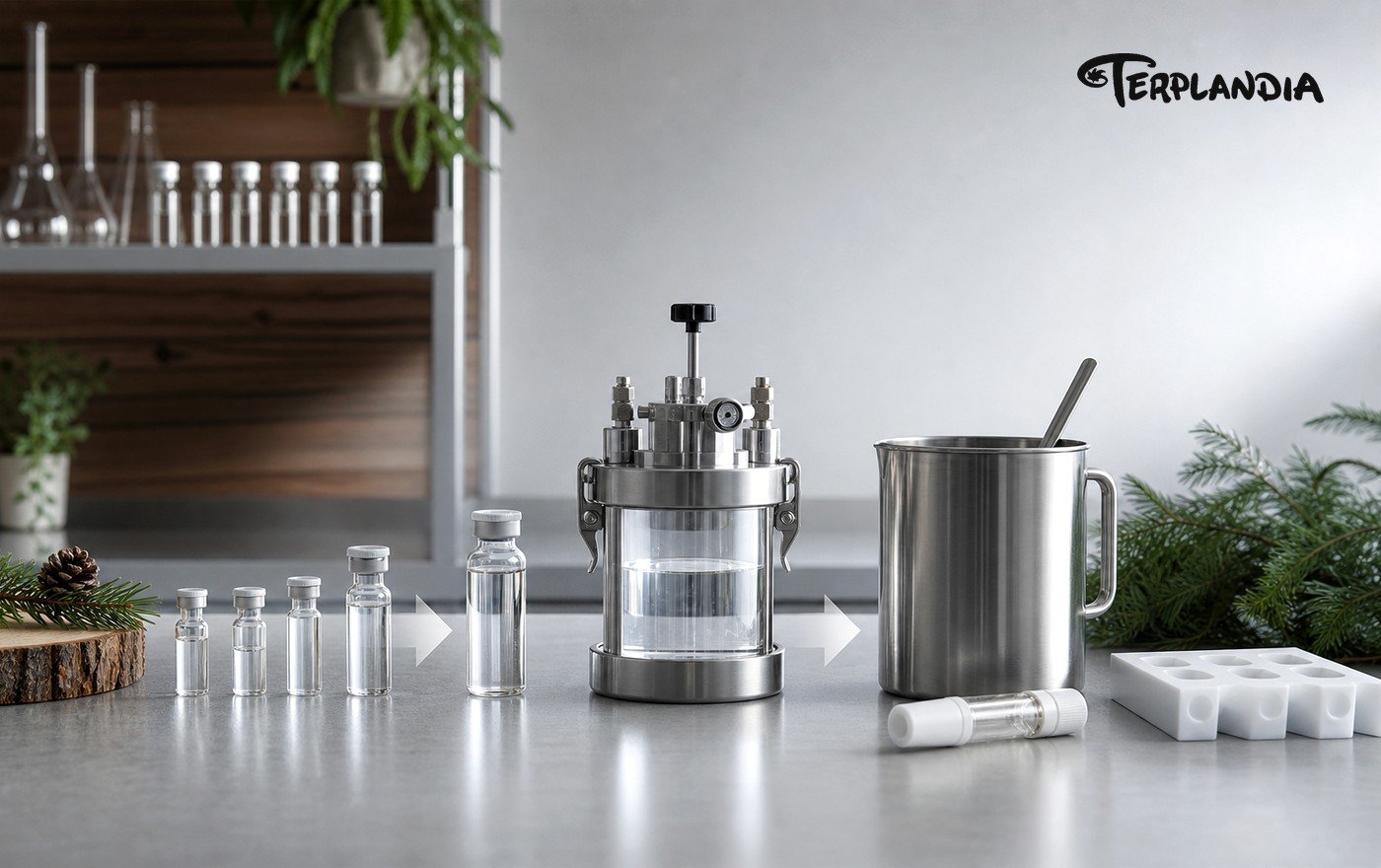 Pilot-scale custom terpene blending equipment verifying hardware compatibility and matrix stability during product development.