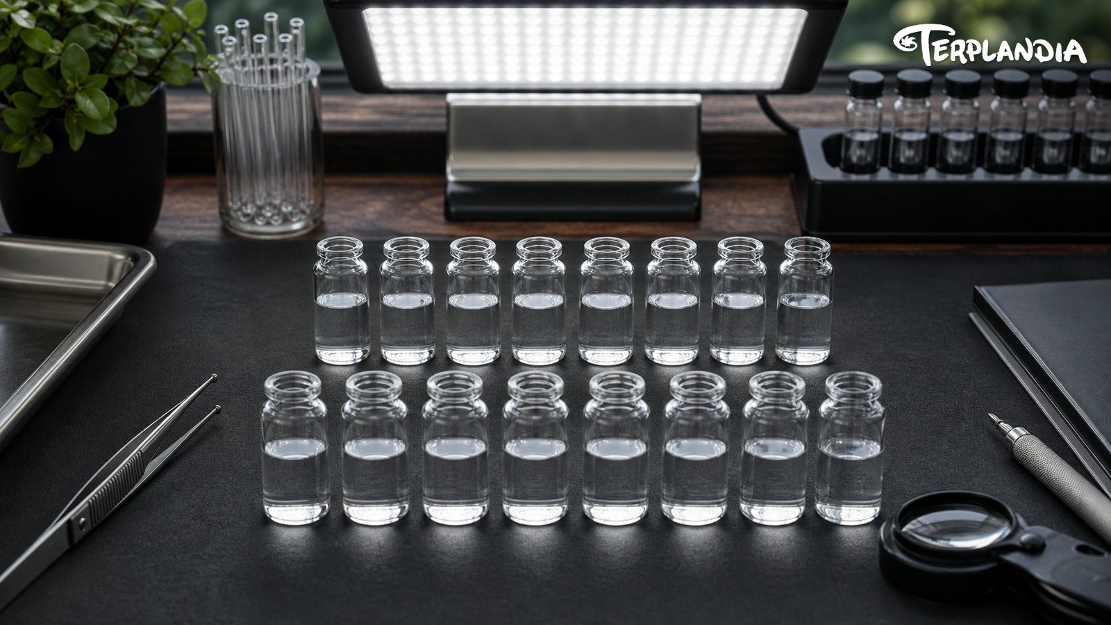 Water-clear terpene sample comparison for spotting diluted or cut terpene product.