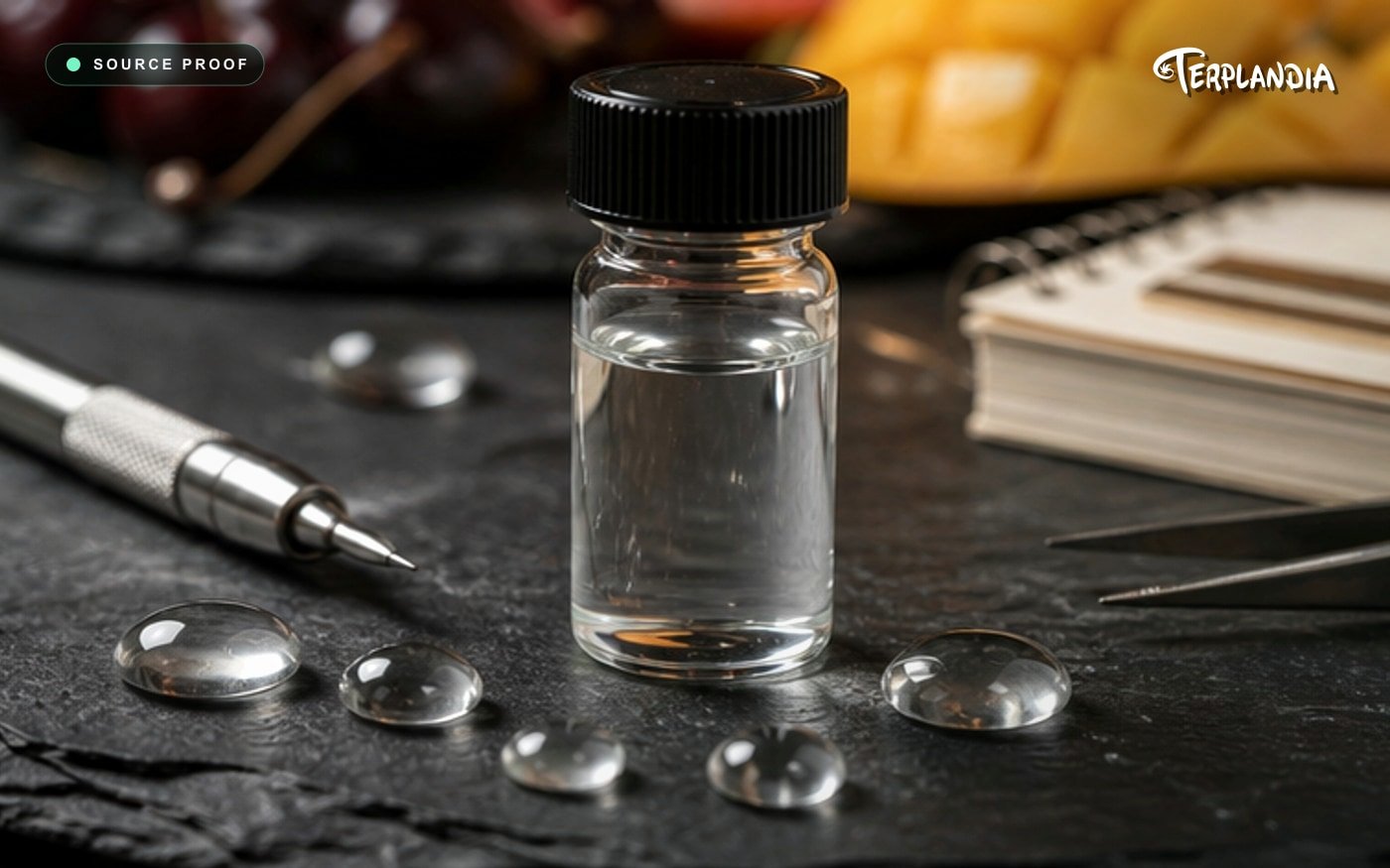 Water-clear Forbidden Fruit terpene sample with tropical formulation cues and source proof context.