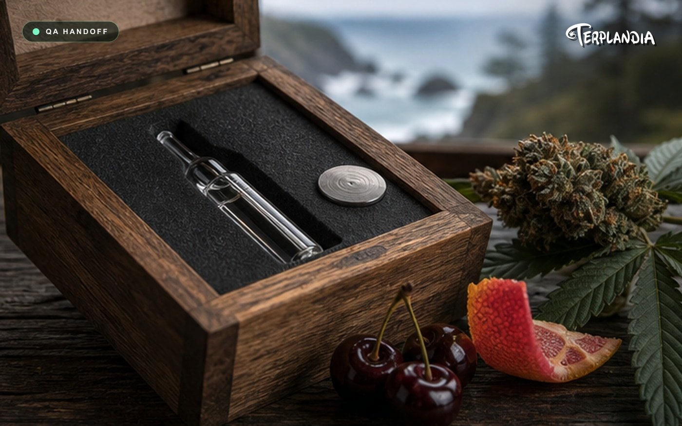 Forbidden Fruit terpene QA handoff with water-clear retained samples and clean documentation context.