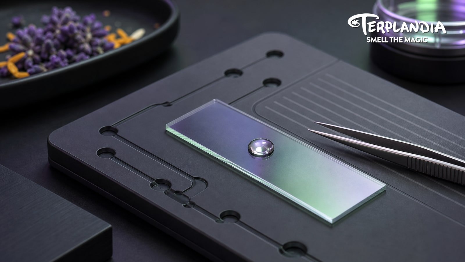 Gelato 41 terpene format-fit bench with a microfluidic testing plate, clear droplet, glass slide, and stainless tools.