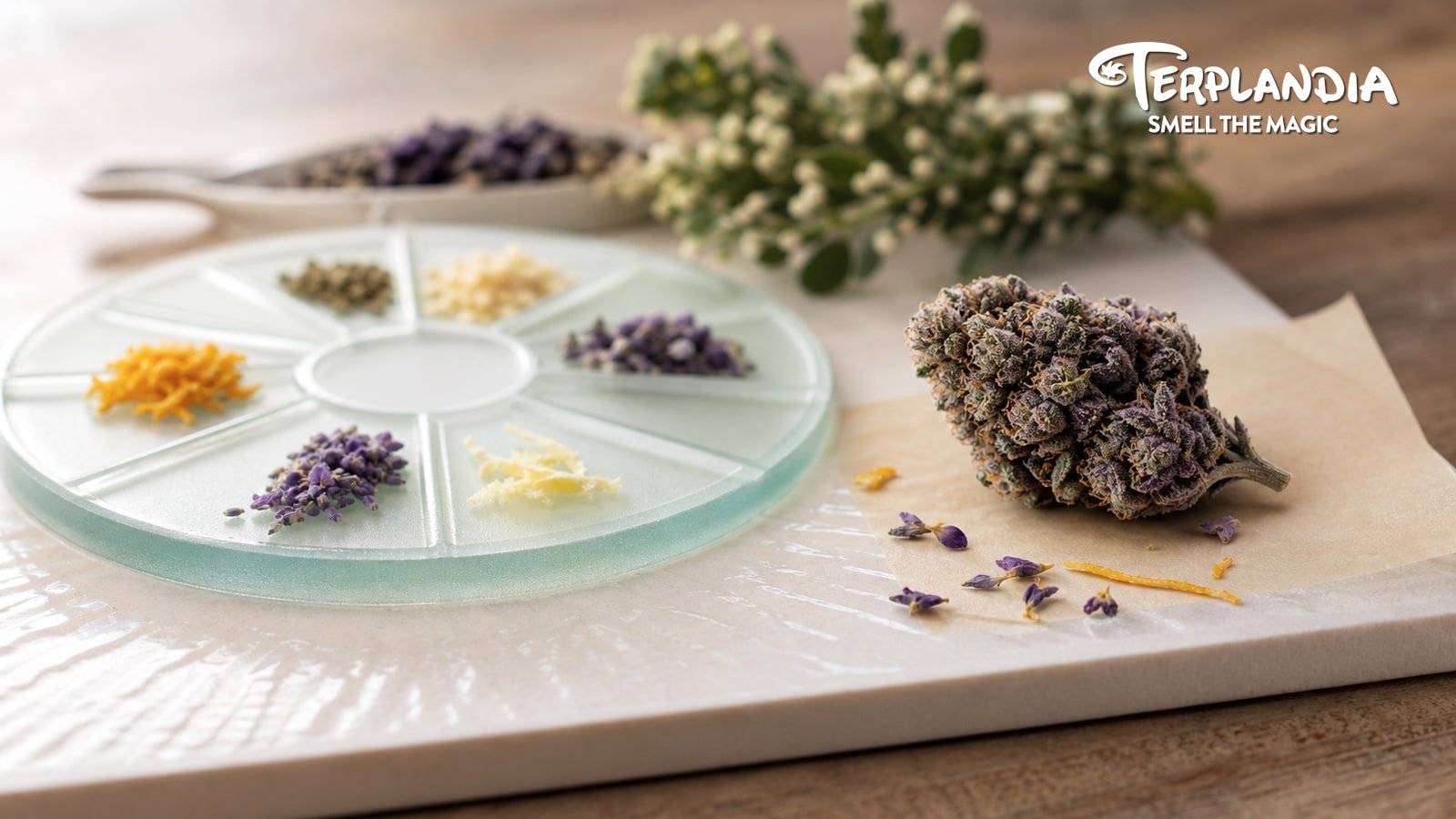 Gelato 41 terpene profile sensory context with cream, citrus zest, lavender notes, and cannabis botanicals.