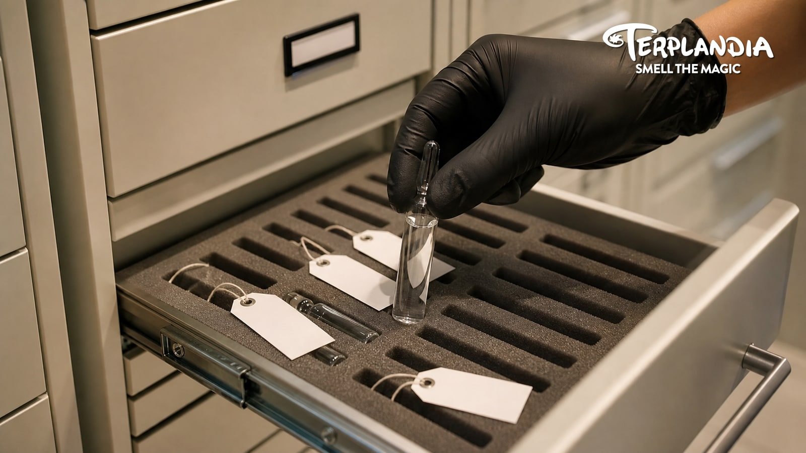 Gelato 41 retained sample handoff with a clear ampoule and controlled buyer QA storage context.