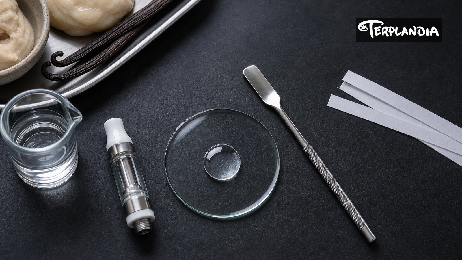 Ice Cream Cake terpene format-fit bench with water-clear droplet, unbranded hardware, glass slide, vanilla, and dough references.