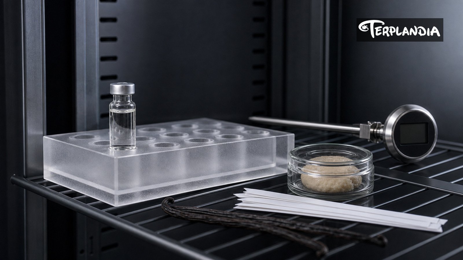 Ice Cream Cake retained sample cold storage with water-clear vial, frosted tray, blank approval card, scent strips, vanilla, and dough reference.