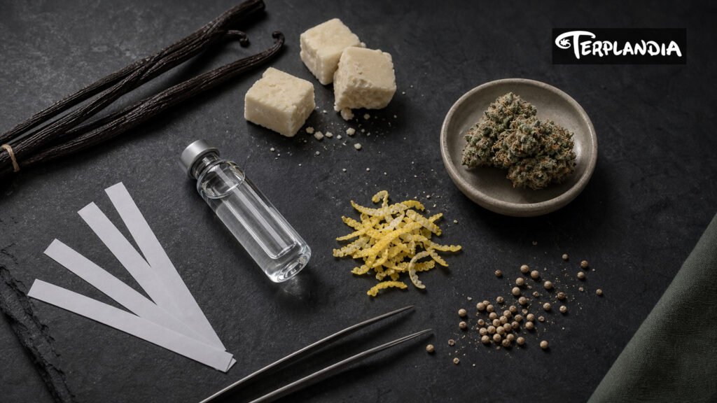 Ice Cream Cake terpenes sensory context with vanilla cream, dough, citrus peel, cannabis botanicals, and Humboldt redwood light.
