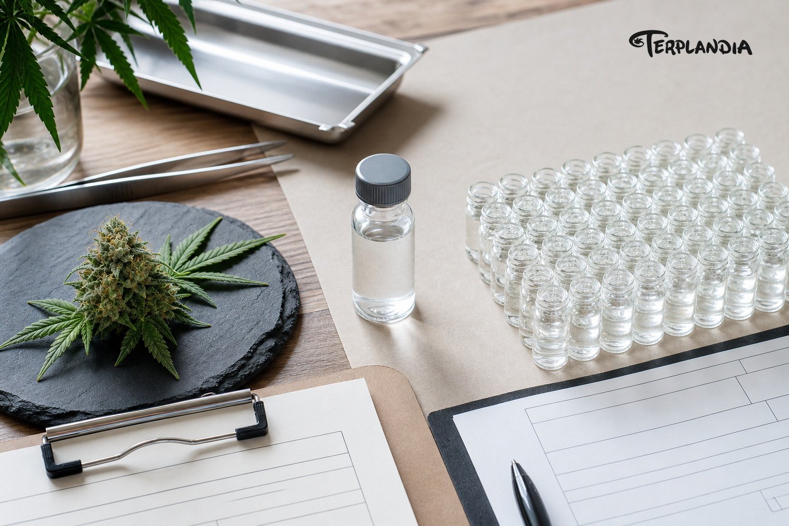 Ingredient stack audit for real cannabis terpenes with one cannabis source sample and many unlabeled colorless micro-vials.