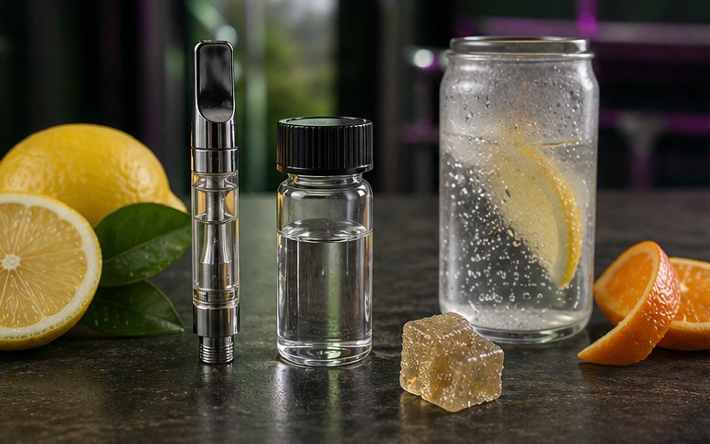 Lemon Cherry Gelato CDT format-fit visual with clear sample vial, neutral cart hardware, and Humboldt botanical cues.