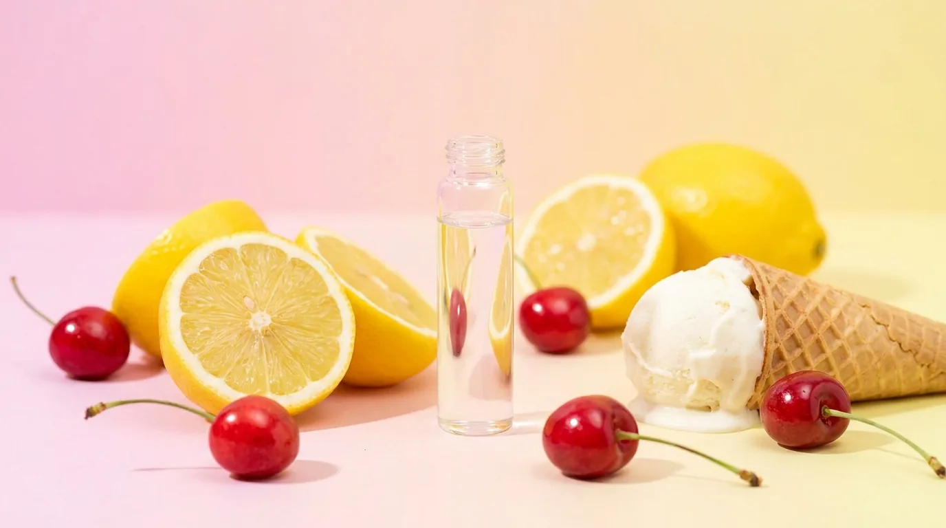 Lemon Cherry Gelato terpenes in a clear glass vial with lemon, cherry and gelato