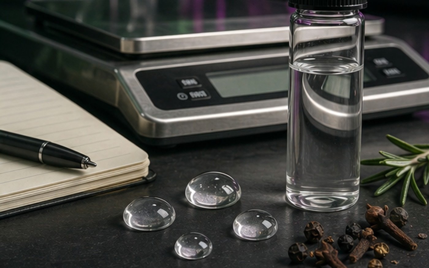 Water-clear OG Kush CDT sample beside clean source notes, pine, pepper, and production-scale proof cues.