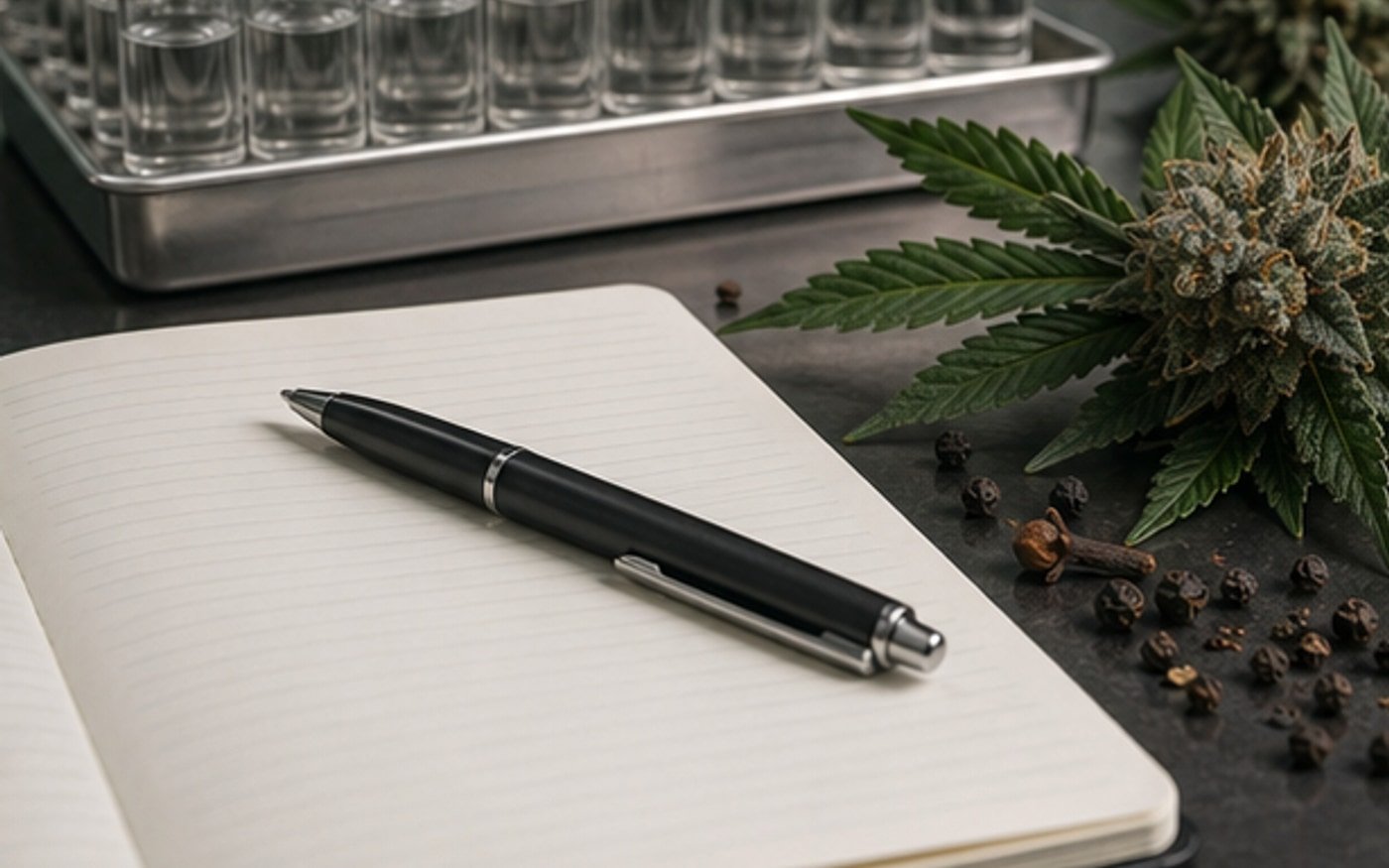 OG Kush CDT format-fit visual with clear sample vials, neutral cart hardware, cannabis, pine, and pepper cues.