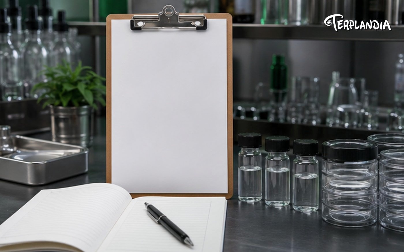 Organic cannabis terpene documentation check with clear sample vial, clean folder, and neutral certification paperwork.