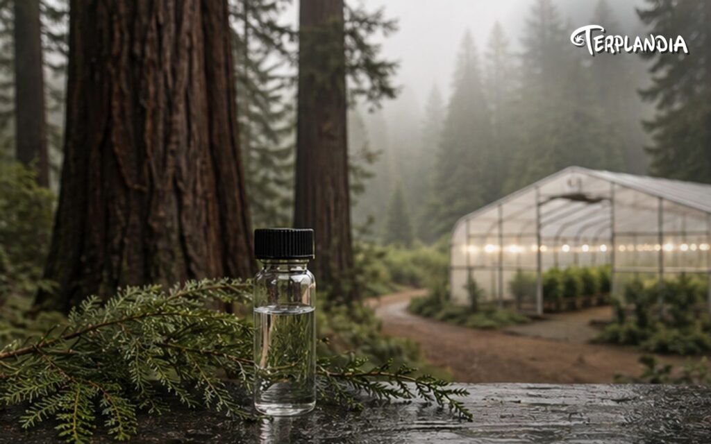 Humboldt redwood greenhouse and clean sourcing table showing organic cannabis-derived terpene documentation context.