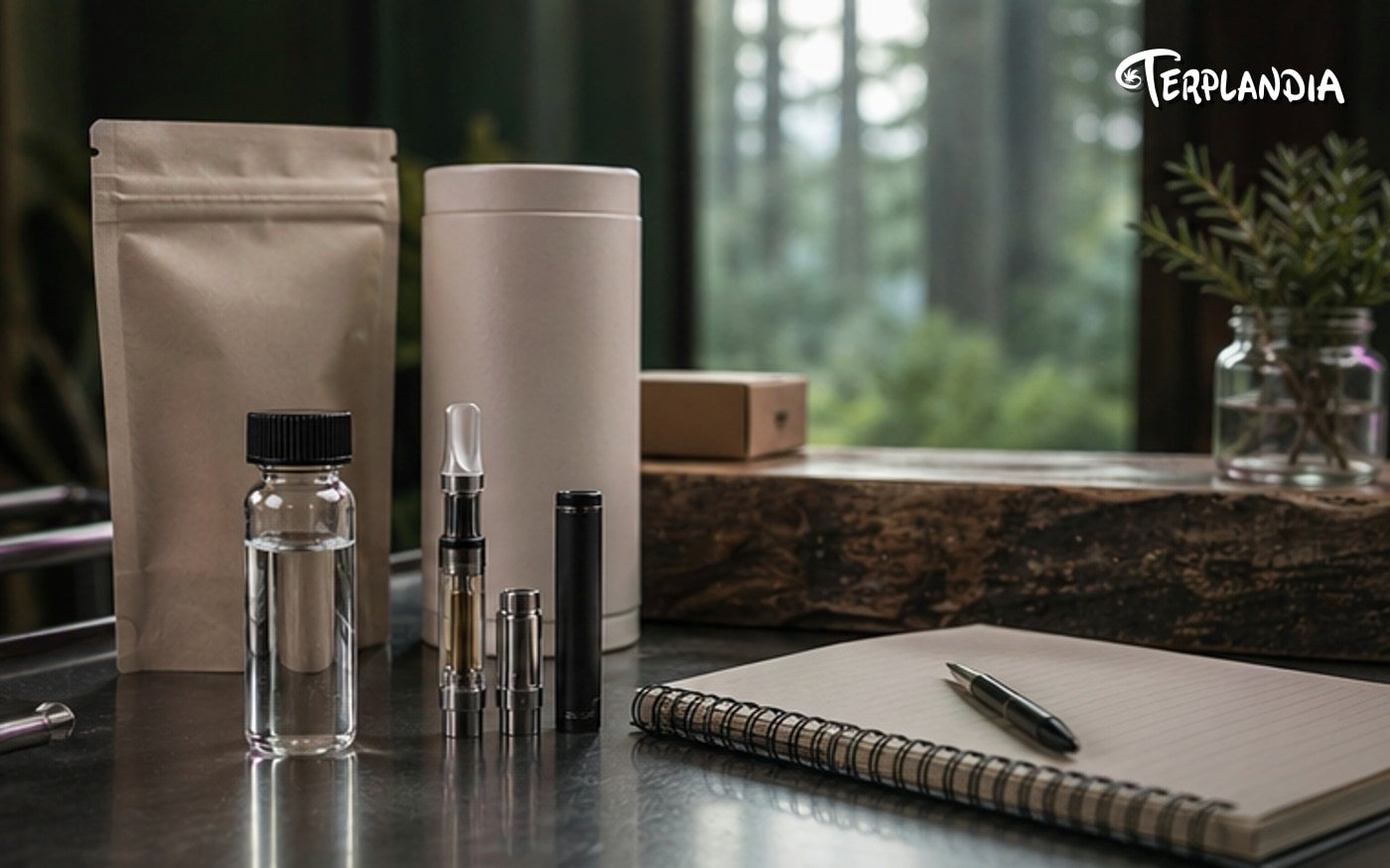 Buyer handoff scene with clear terpene samples, blank production notes, and Humboldt forest sourcing cues.