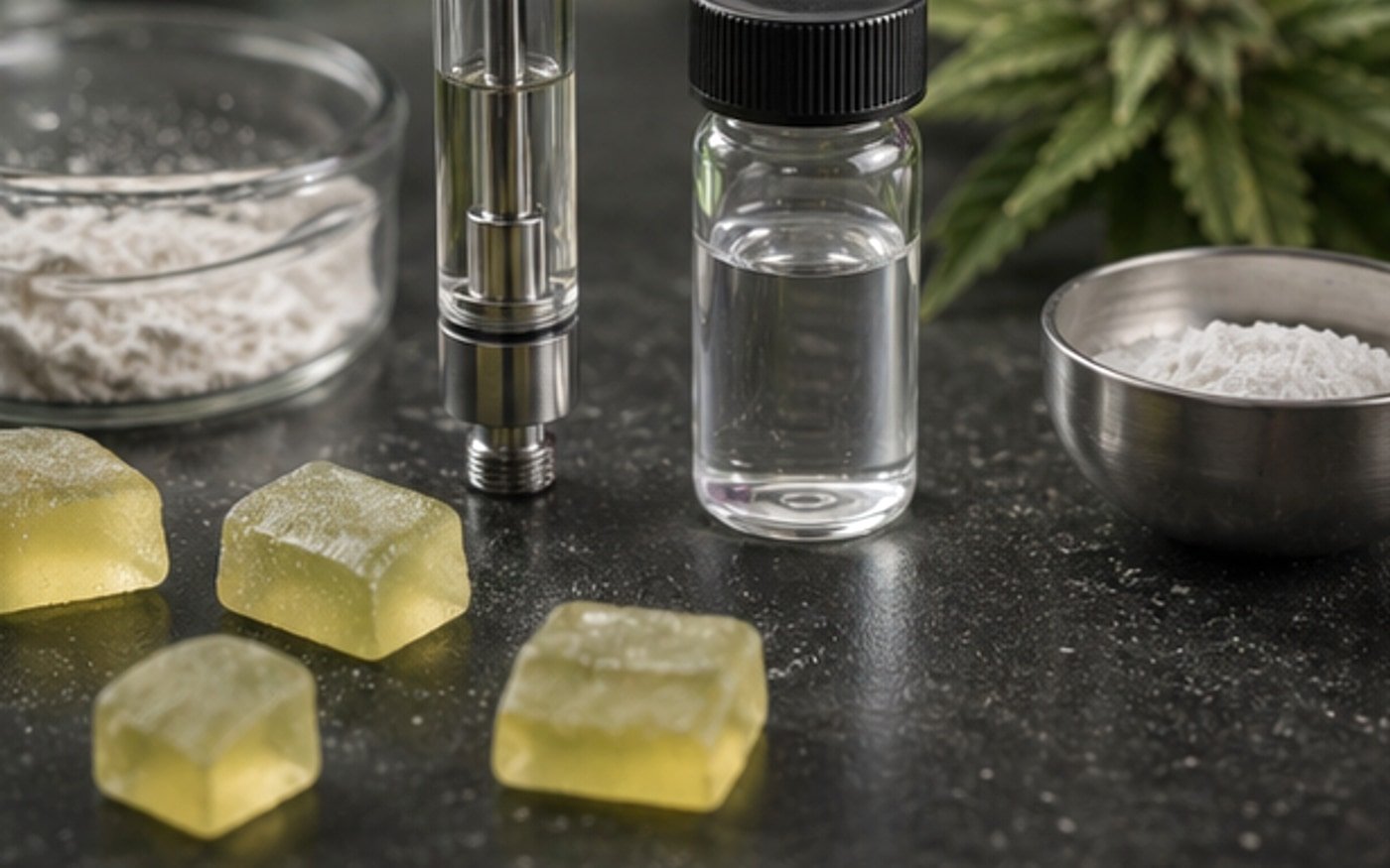 Papaya Cake CDT format-fit visual with clear sample vial, neutral hardware, and tropical formulation context.