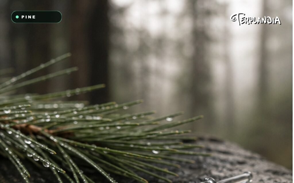 Pinene terpene cannabis products visual with Humboldt pine context, clear sample glass, and natural green aroma cues.
