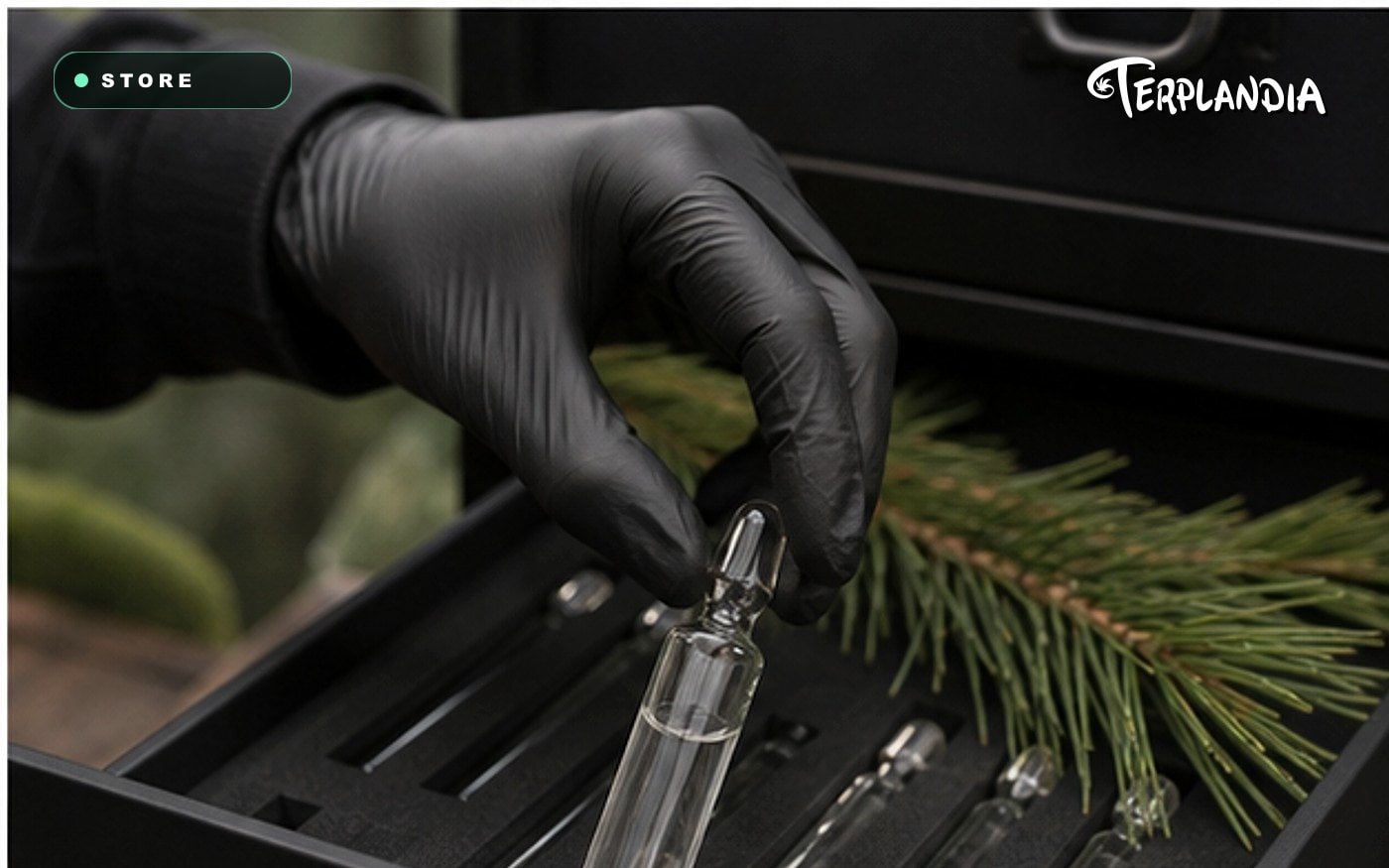 Pinene terpene retained sample storage with clear glass and Humboldt forest light for repeatability checks.