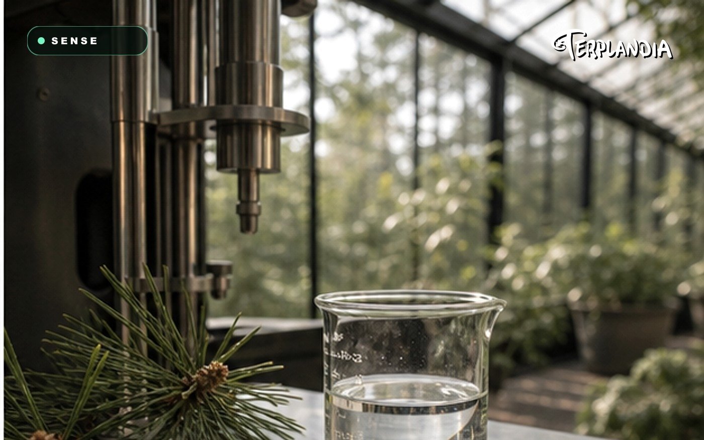 Pinene sensory check with pine needles, clear terpene sample, and controlled aroma evaluation.
