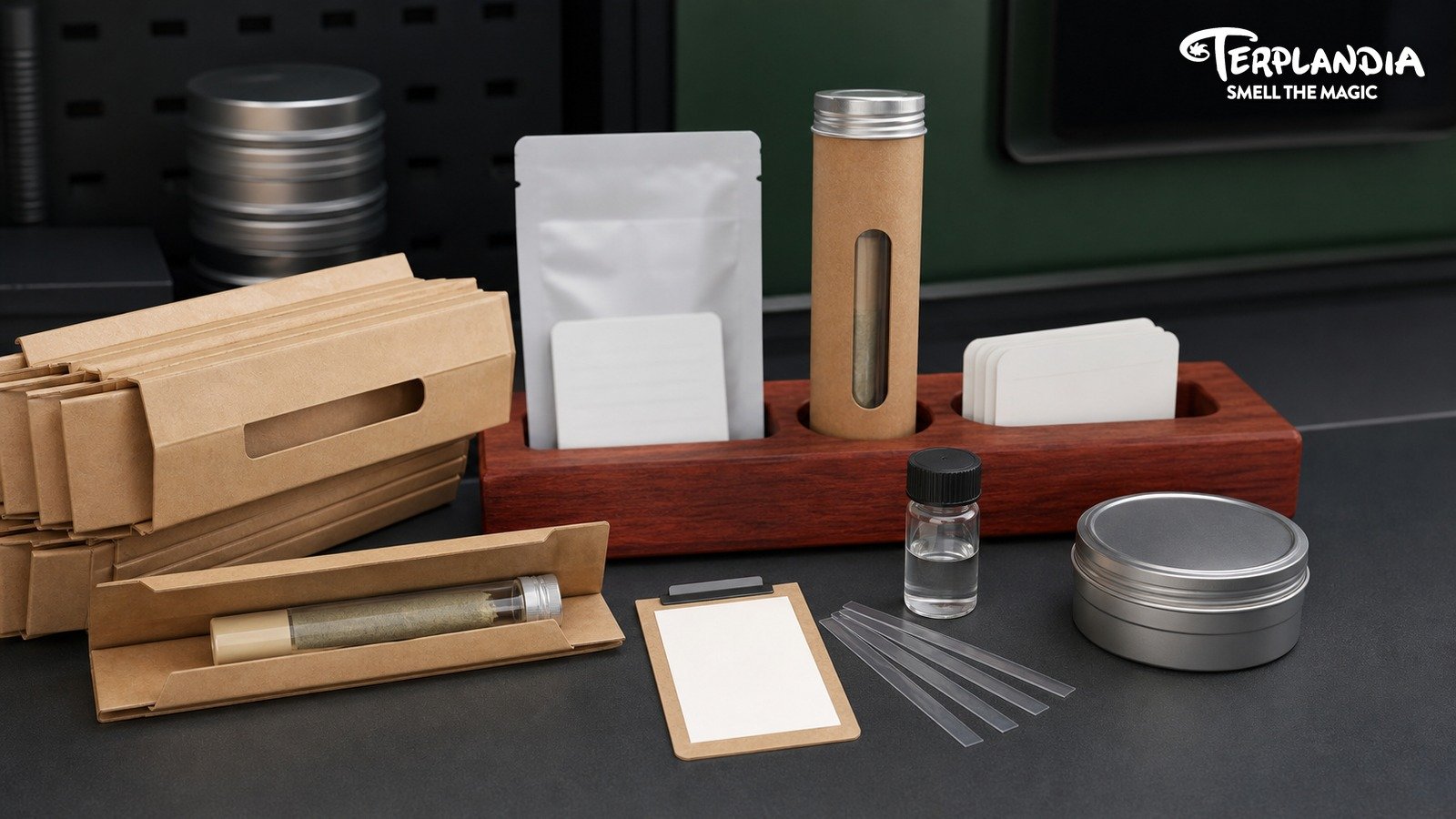Aroma retention packaging handoff for pre-rolls with kraft sleeves, sealed tins, scent strips, and water-clear terpene sample.