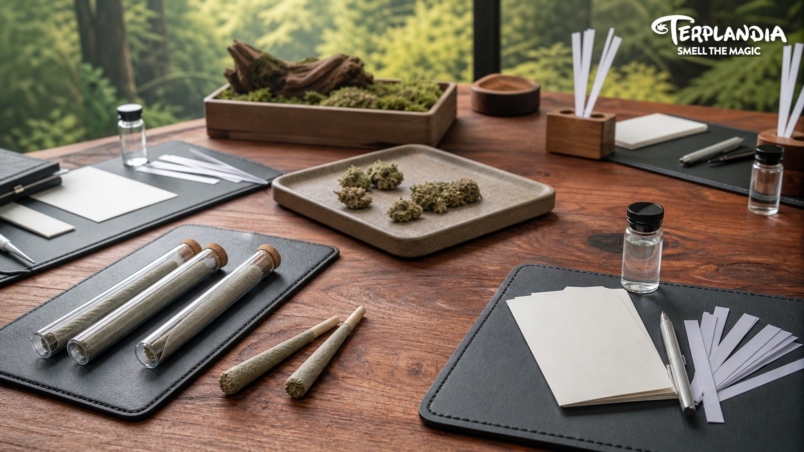 Pre-roll sample review table with unbranded sealed tubes, empty cones, flower inspection tray, scent strips, and blank scorecards.