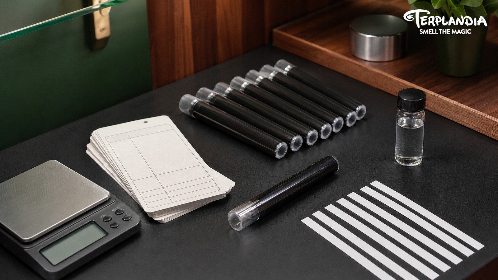 Pre-roll terpene distribution QA bench with sealed unbranded tubes, scent strips, blank cards, and a water-clear sample vial.