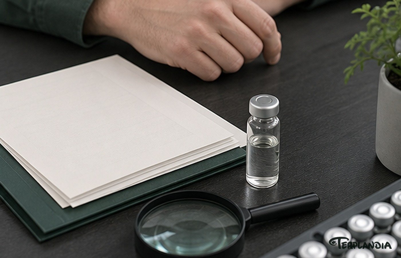 Procurement QA desk with clear terpene vial, magnifier, and test records for review