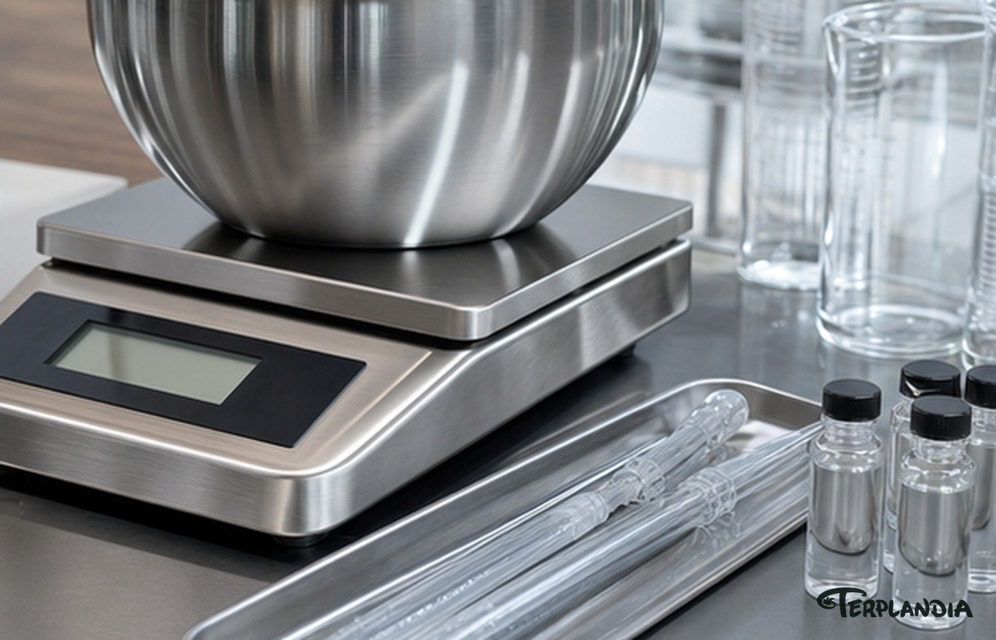 Stainless production scale and clear glassware for terpene batch mixing controls