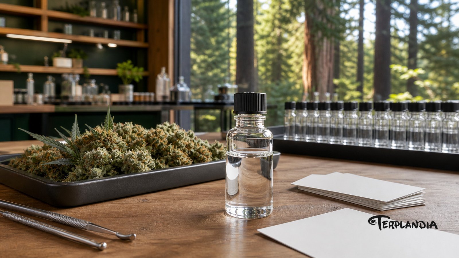 Real cannabis terpenes shown as one plant source and one water-clear sample beside a complex botanical ingredient stack.