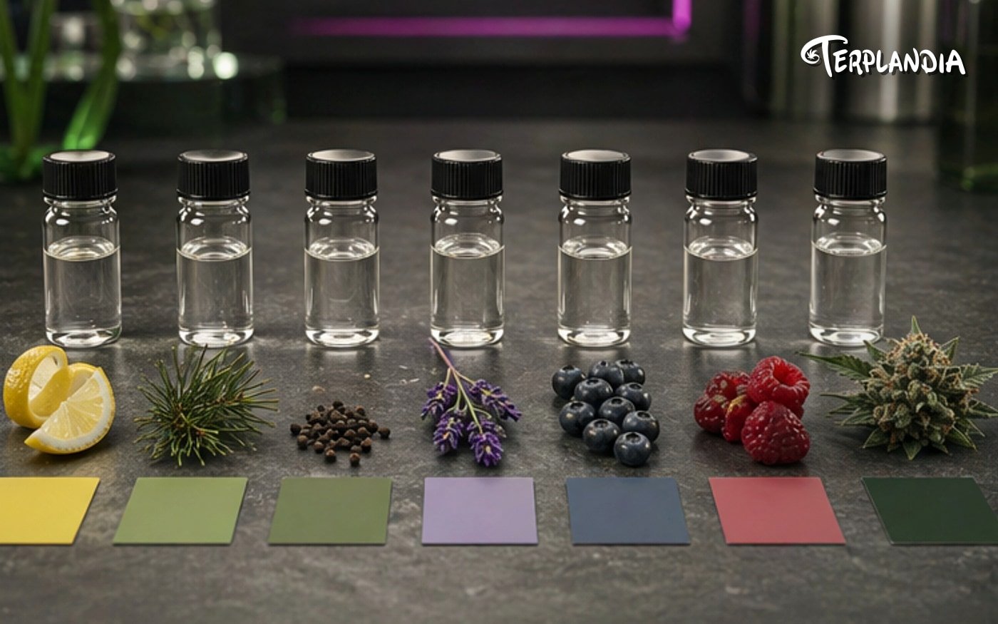 Repeatable terpene profile QA scene with retained clear samples and Humboldt craft-production context.