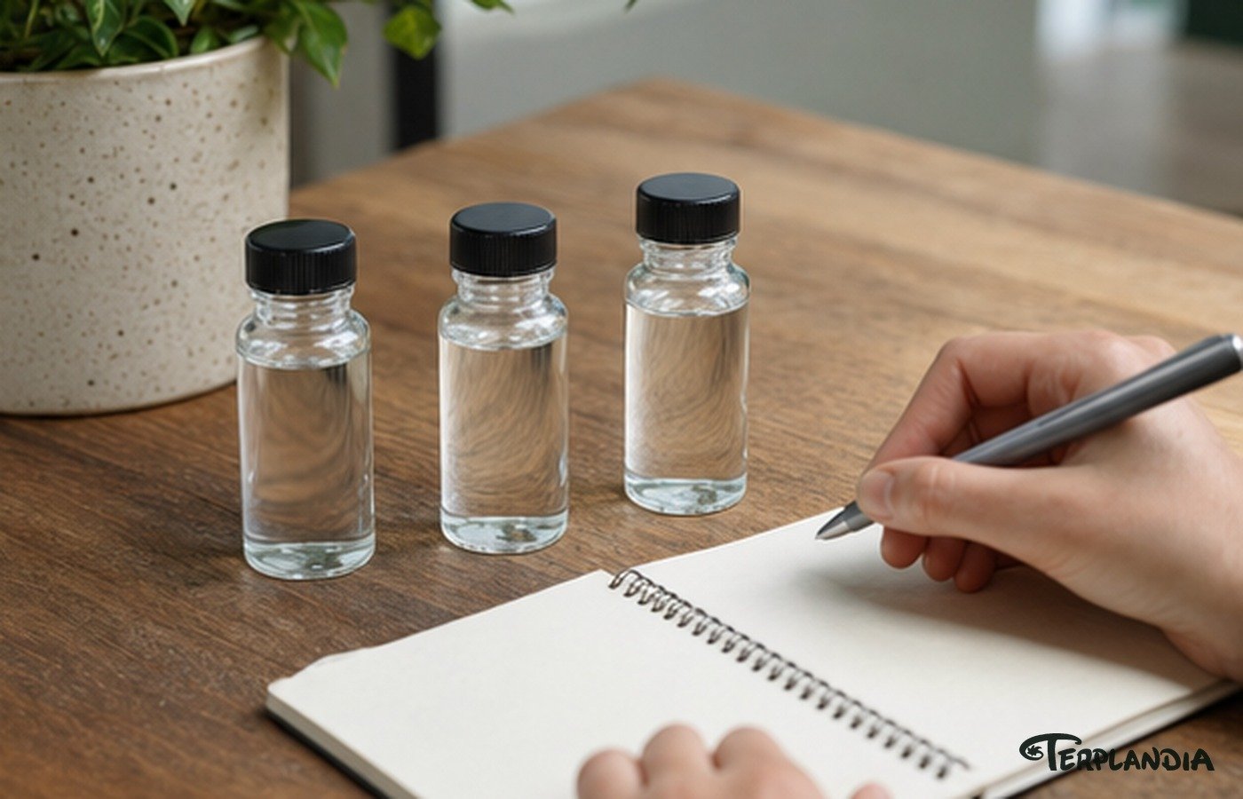 Three colorless retained terpene samples compared on a clean wood QA bench