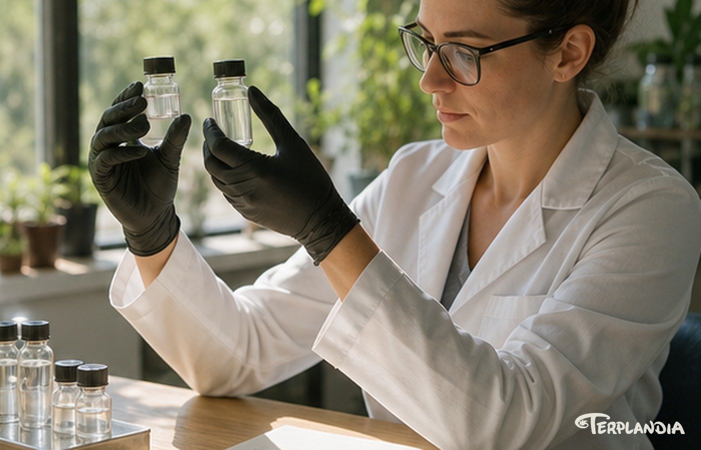 QA technician comparing clear retained terpene samples during stability review