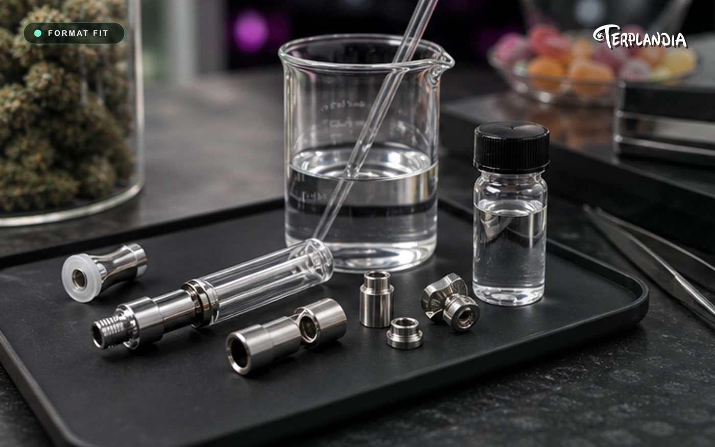 Runtz CDT format-fit visual with neutral cartridge hardware, clear sample, and clean production context.