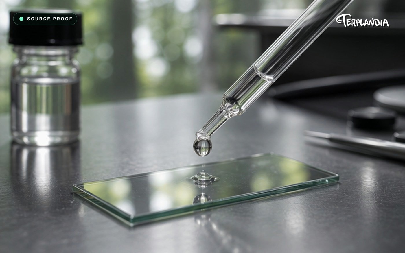 Water-clear Runtz terpene sample with Humboldt craft-production notes and source proof context.