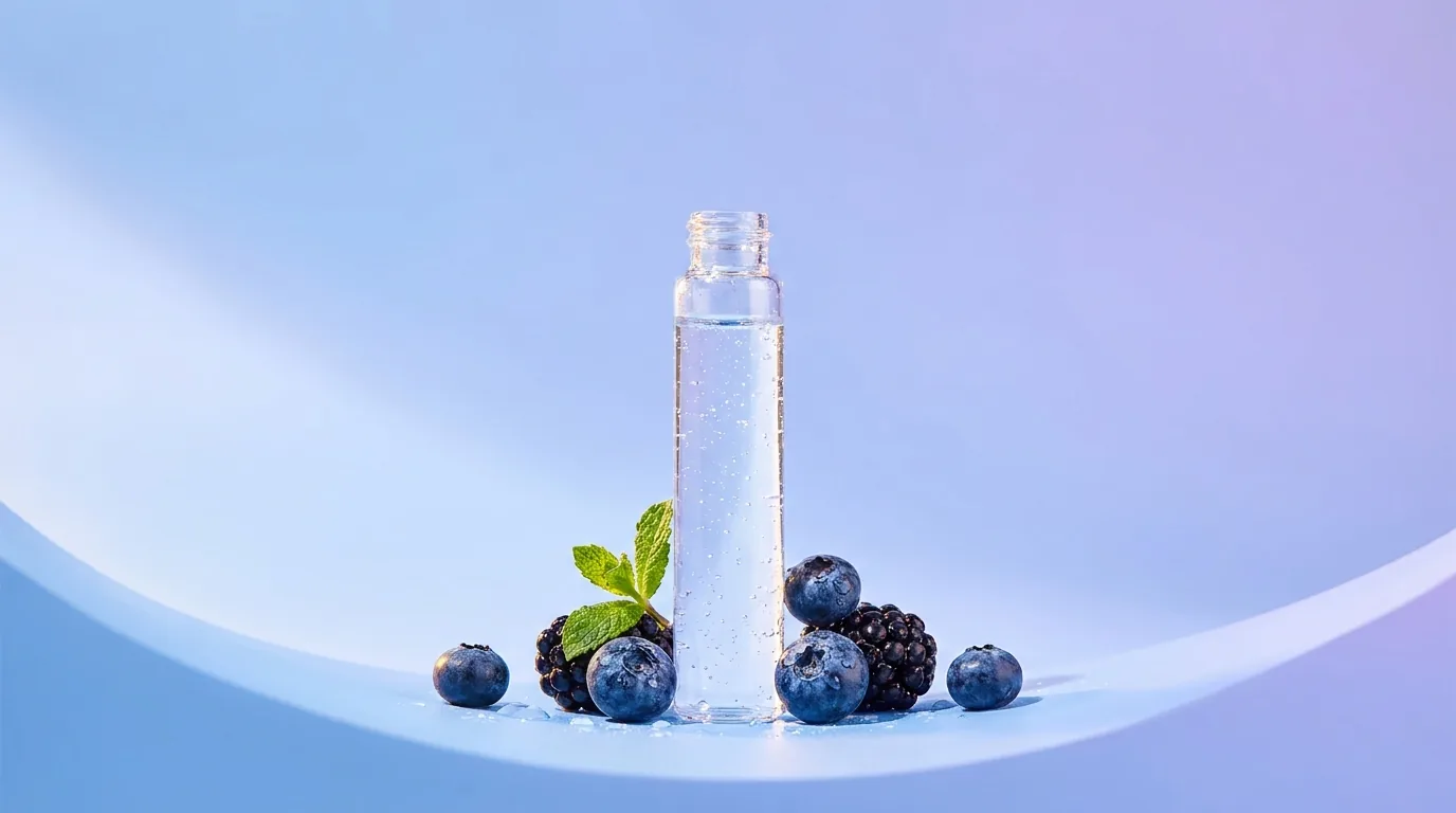 Blue Dream terpenes in a clear glass vial with fresh blueberries