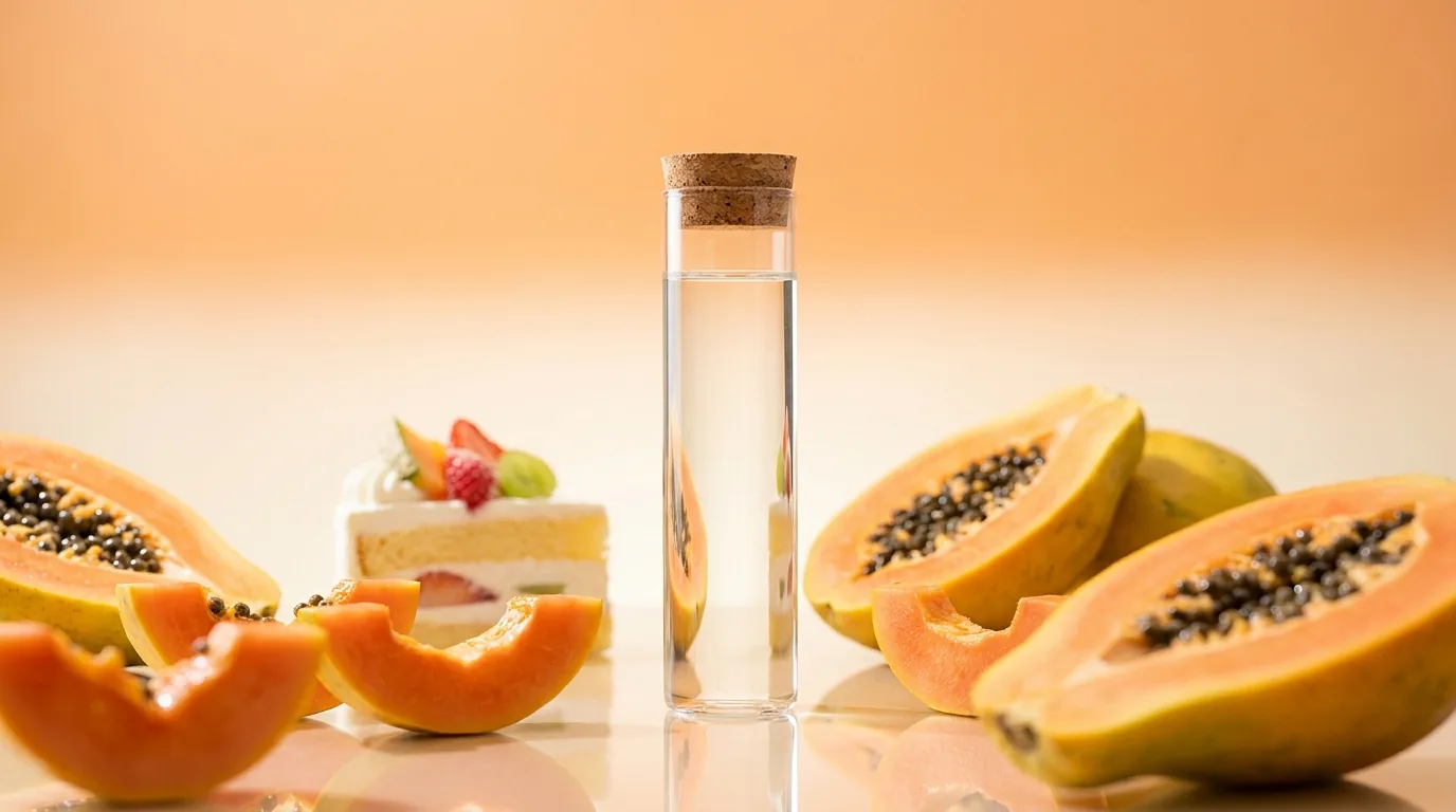 Papaya Cake terpenes in a clear glass vial with papaya and cream cake