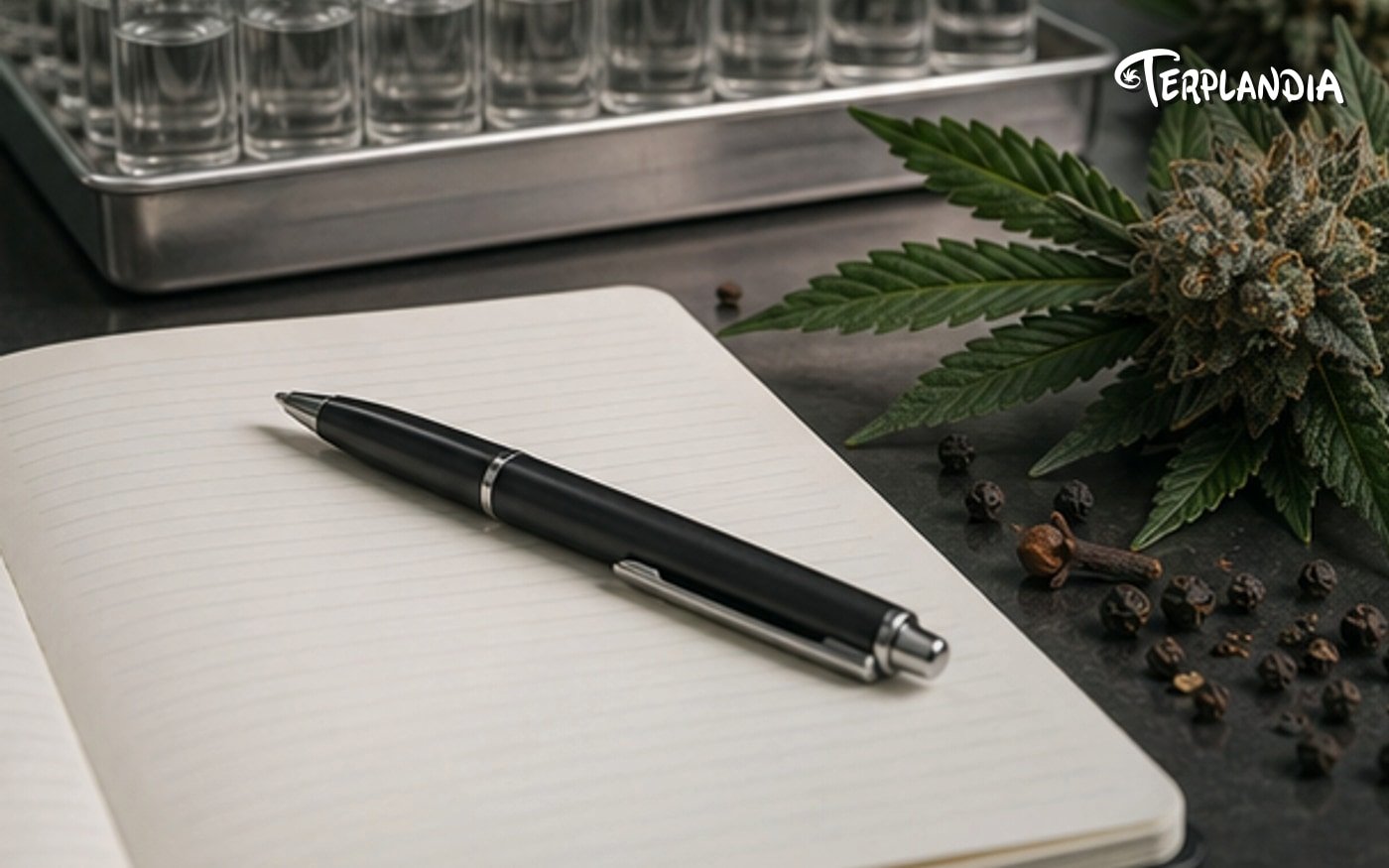 Responsible terpene aroma-language planning with clear sample vial, blank notes, and natural botanical cues.