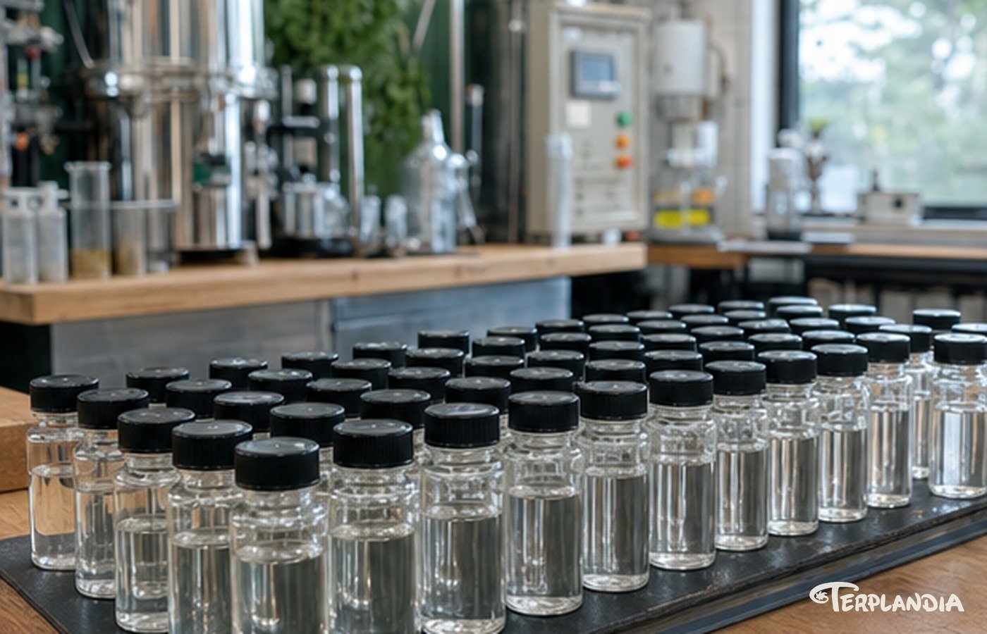 Rows of clear terpene sample vials staged for batch consistency review