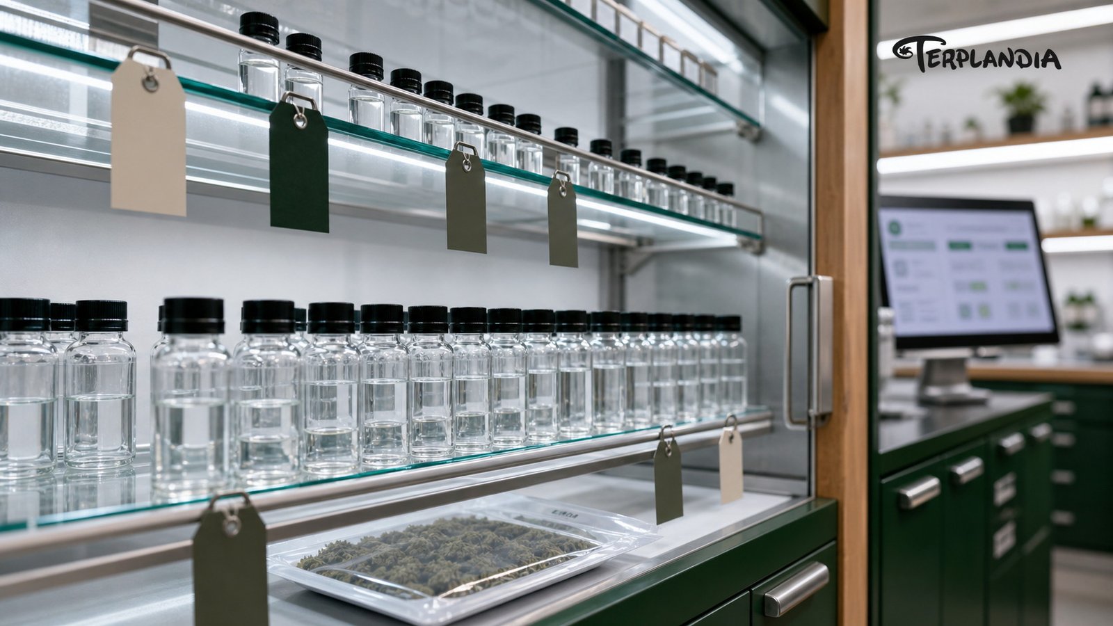 Terpene buyer COA and SDS review table with water-clear sample vials, blank documents, scent strips, and retained sample notes.