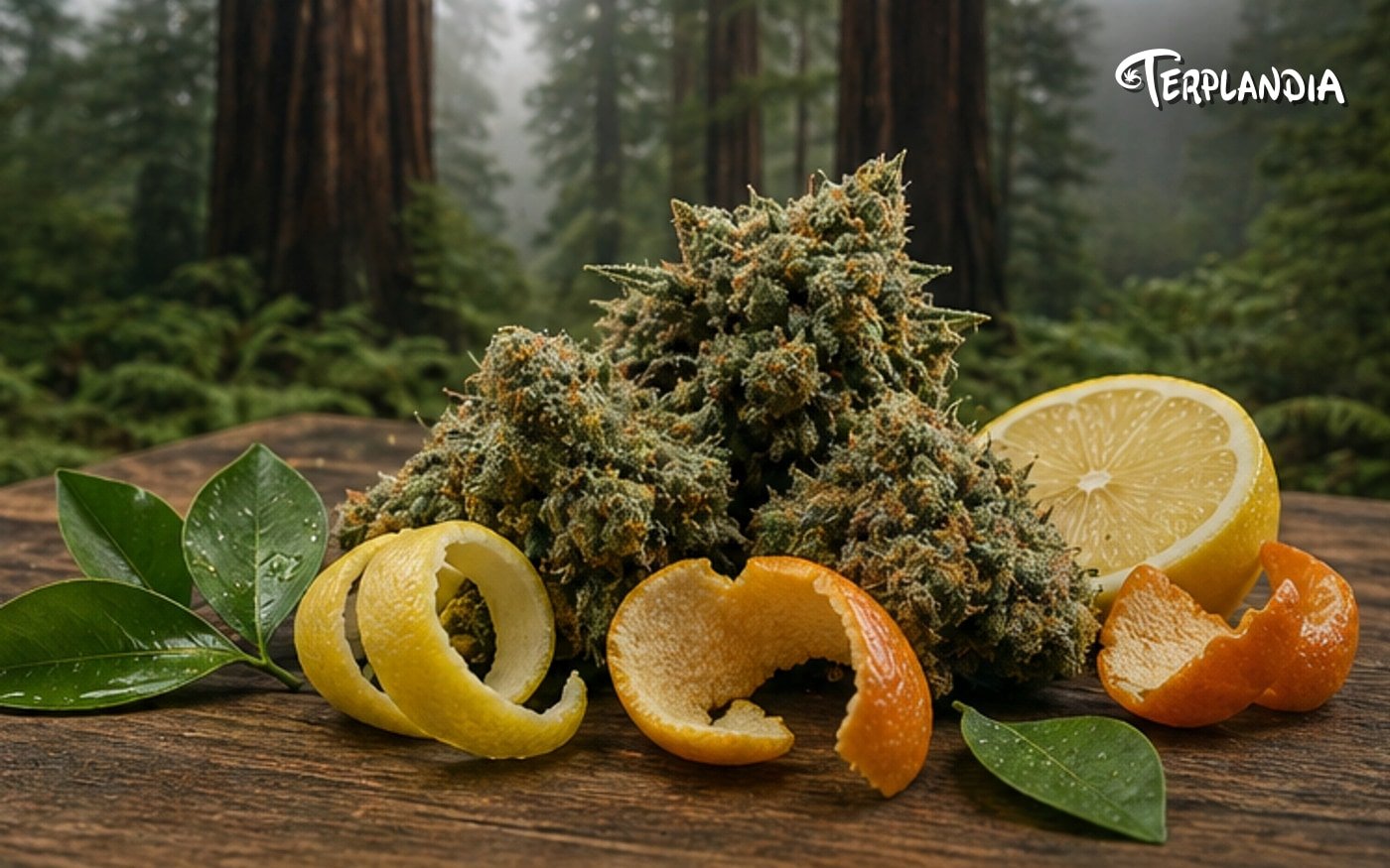 Humboldt sensory table with cannabis aroma cues, clear samples, citrus, pine, and warm natural product context.