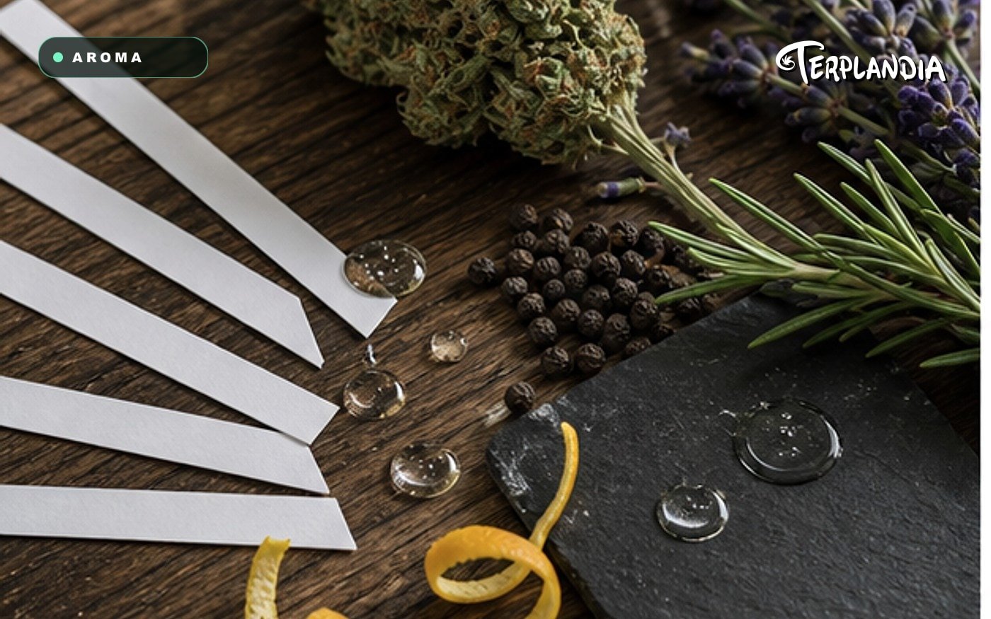 Terpenes entourage effect cannabis visual showing multiple clear aroma samples arranged as a balanced profile system.