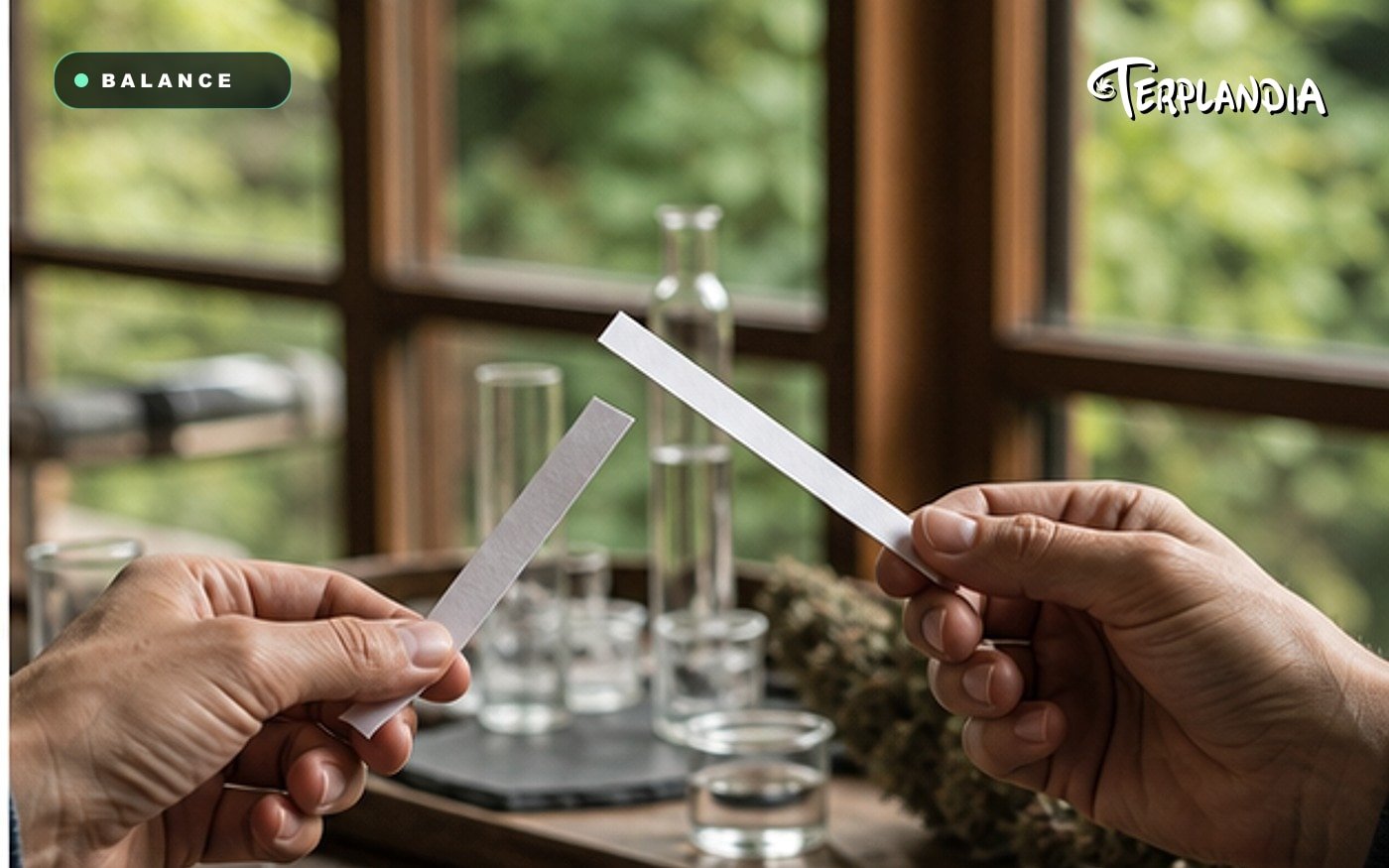 Balanced cannabis terpene formulation visual with clear glass dishes and botanical aroma references.