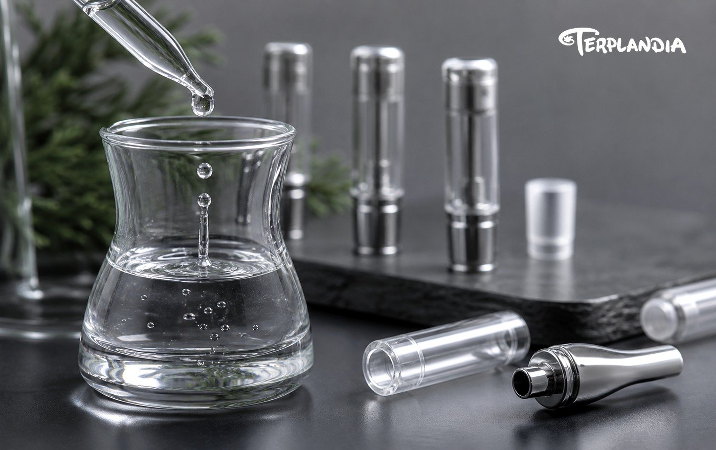 High-shear terpene separation fix concept shown during vape formulation to prevent precipitation and layer stratification.