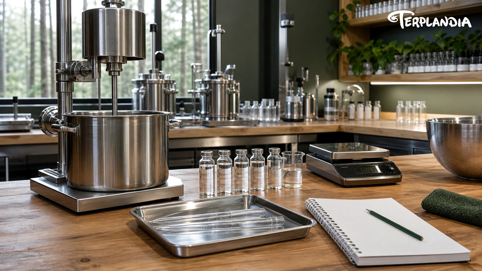 Production mixing station with water-clear terpene samples for scale-up clarity checks.